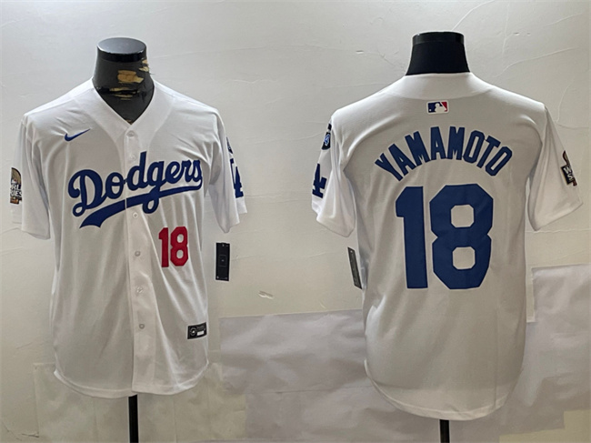 Men's Los Angeles Dodgers #18 Yoshinobu Yamamoto White 2024 World Series With Fernando Memorial Patch Home Limited Stitched Baseball Jersey Men's Los Angeles Dodgers #18 Yoshinobu Yamamoto White 2024 World Series With Fernando Memorial Patch Home Limited Stitched Baseball Jersey